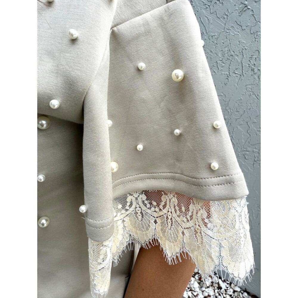 Pearl Embellished Lace Trim Two Piece Shorts Set Cream NWT Size Large - Picture 4 of 8